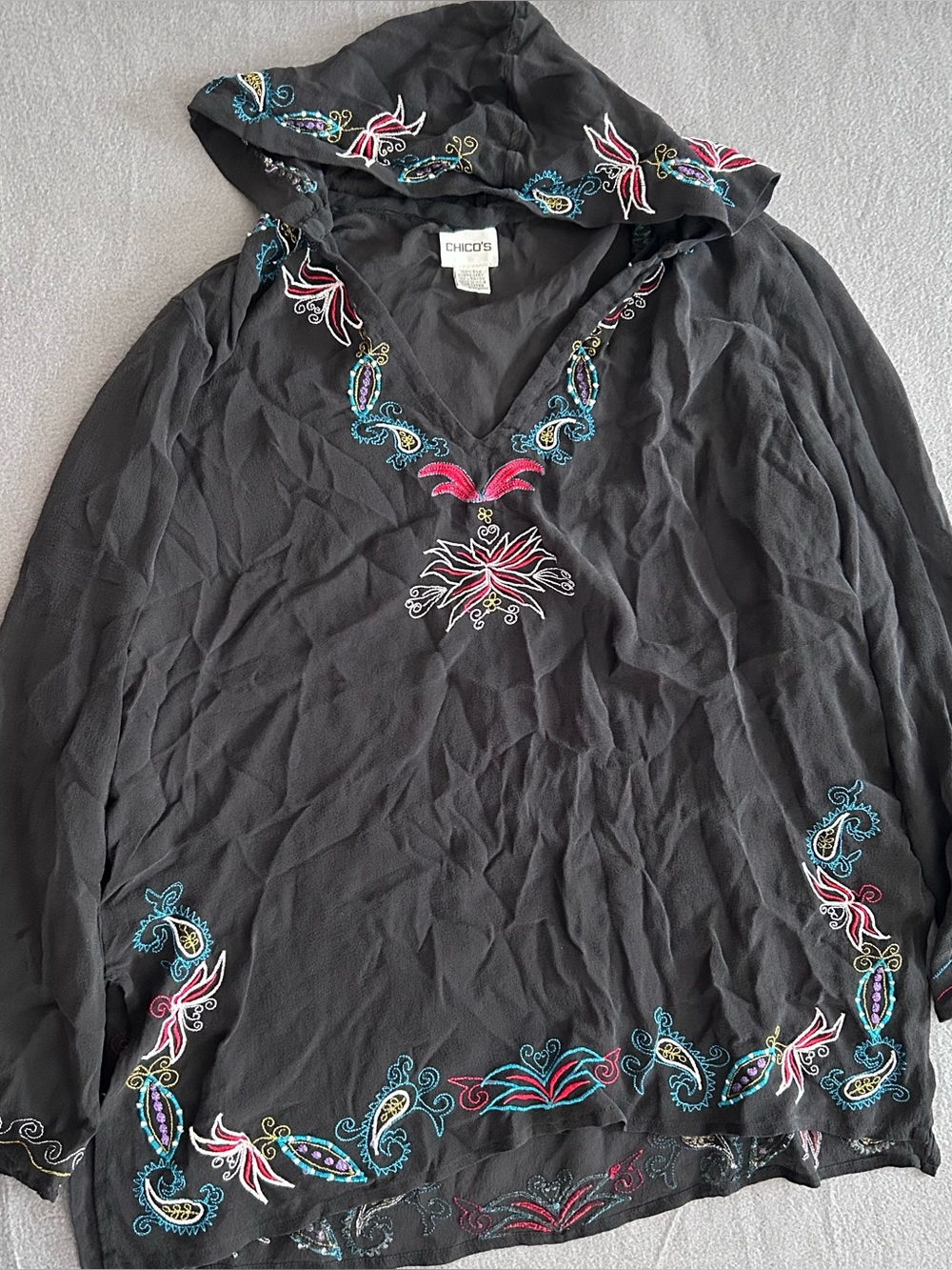 Chico's Womens Size Large Black Silk Goth Whimsical Y2K Embroidered Hooded Top